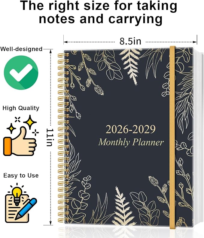 2026-2029 Monthly Planner, 3 Years Calendar from July 2026 - June 2029 with Spiral Binding, Inner Pocket, Elastic Closure, 33 Month Planner for Home | School | Office, 8.5" x 11", White Gold Leaf