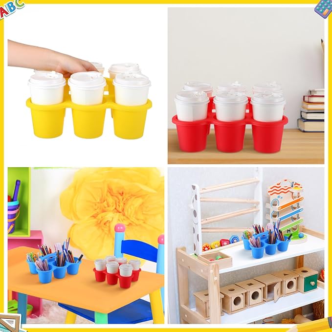 Reallnaive 4 Pack Classroom Caddy Plastic Cup Crayon Pen Holder with Handle, 6-hole Cup Storage Art Caddies Table Organizer for Drink Delivery Pencil Pen School Office Art Crafting (Classic Colors)