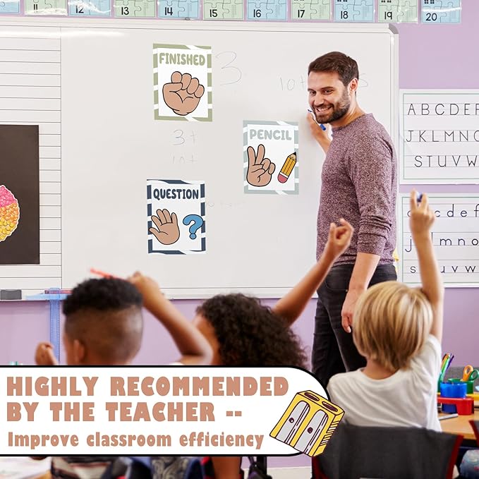 MotiMind 15 Pcs Classroom Hand Signal Cards Signal with Adhesive Tapes Decor Classroom Learning Bulletin Board Hand Signals Language Posters for Teachers Students Visual Cues(Morandi)