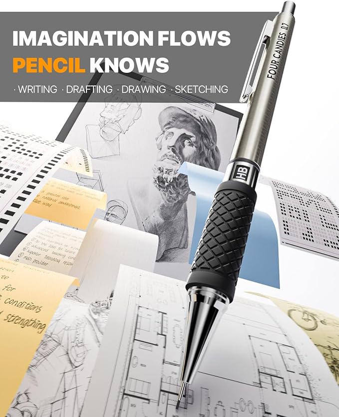 6PCS Metal Mechanical Pencil Set with 0.5 mm Fine Point, 360 Leads, 12 Erasers, Art Mechanical Pencils Pack with Storage Case for School Writing, Sketching, Drawing & Professional Drafting