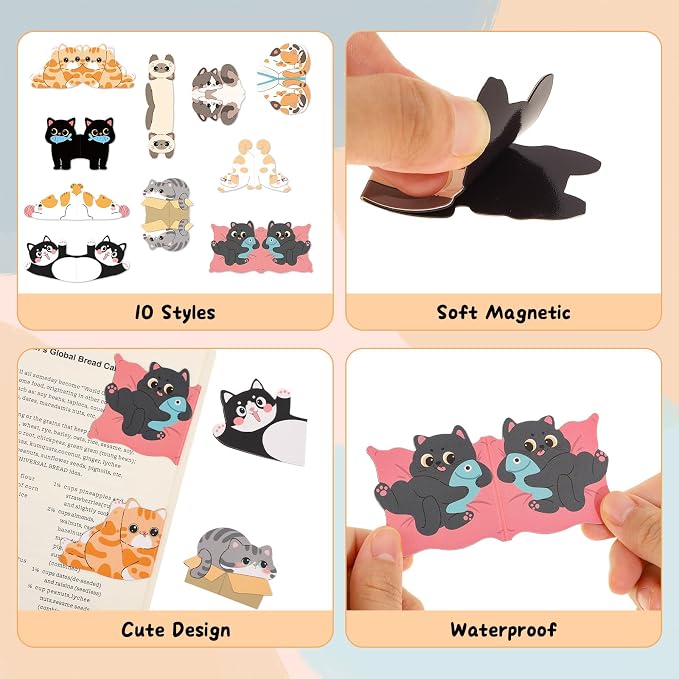 10Pcs Magnetic Bookmarks, Cute Cat Bookmarks Funny Book Marker Clips Graduation Birthday Gifts for Women Reading Book Lover Gifts