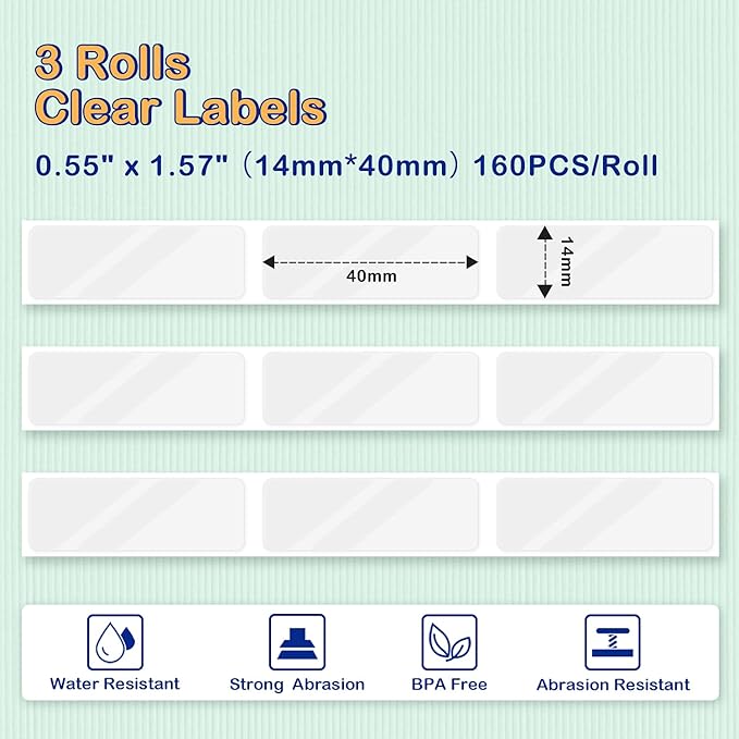 D30 Transparent Thermal Label Tape 14mm x 40mm (0.55" x 1.57") - Compatible with Phomemo/Memoking D30 Printer - Adhesive Clear Label Paper for Cosmetics, Storage, Stationery