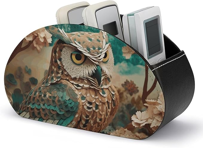 Owl Remote Control Holders Pu Leather TV Remote Holder with 5 Compartments Desktop Storage Organizers Remote Caddy Box for TV Remotes/Media Controllers/Office Supplies
