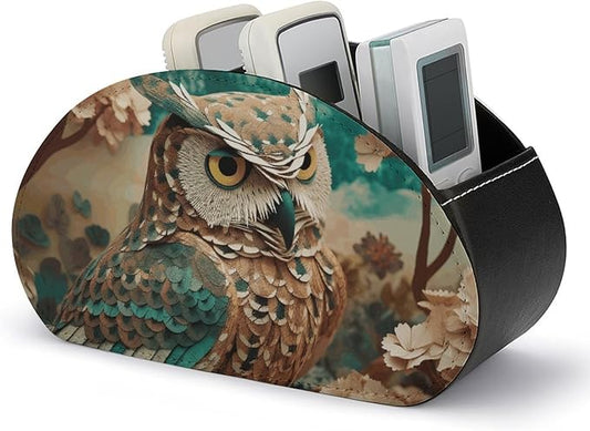 Owl Remote Control Holders Pu Leather TV Remote Holder with 5 Compartments Desktop Storage Organizers Remote Caddy Box for TV Remotes/Media Controllers/Office Supplies