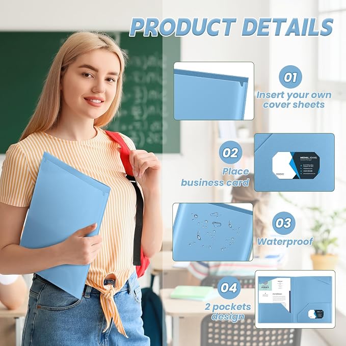 Henoyso 36 Pack Dusty Blue Plastic Folders with Clear Front Pockets Heavy Duty File Folders with 2 Pockets and Card Slot for Student Communication School Office Presentation Report