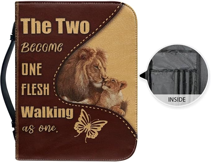 Religious Style Cross and Lion Bible Case with Bookmark Waterproof Bible Cover Case for Women Lightweight Bible Bag with Handle Pockets Church Book Bag Brown