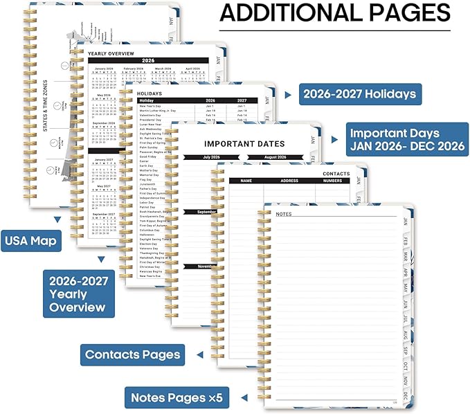2026 Planner, Weekly and Monthly Calendar Planner Book, January 2026 - December 2026, Hardcover Spiral Planner with Monthly Tabs, Notes Pages, Perfect for Women & Men, A5 (6.4" x 8.5") - Blue Floral