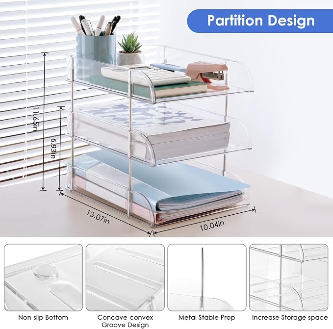 Desk Organizers and Storage, 3 Tier Clear Heightened Stackable Paper Tray Organizer for Document, Letter, A4 File Paper, Desk Accessories, Office Supplies (Clear, 3 Pack)