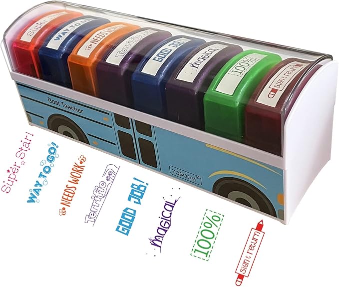 Best Teacher Stamp Kit Elementary Teacher Stamps Self-Inking Stamps with Stamp Tray