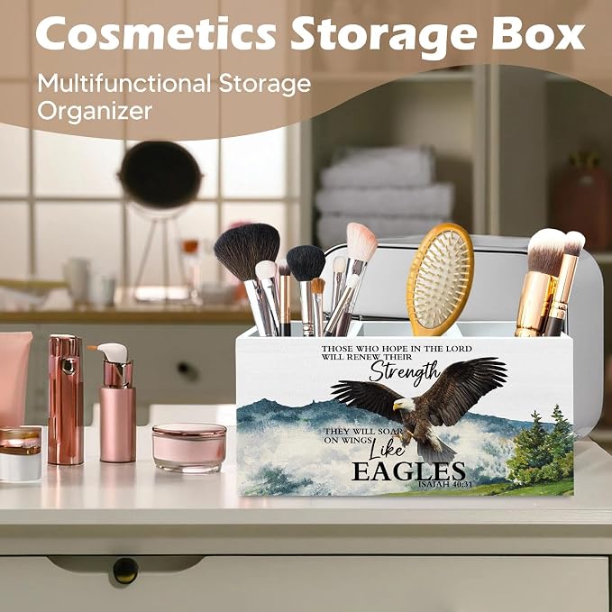 DILSJ Christian Inspirational Eagle Pen Pencil Holder Organizer for Desk, Inspirational Gifts for Women, Bible Verse Eagle Wooden Box Signs for Home Office Desk Tabletop Decoration