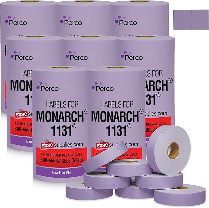 Perco Lavender Pricing Labels for Monarch 1131 Price Gun – 8 Sleeves, 64 Rolls Value Pack - 160,000 Price Marking Labels – with Ink Rolls Included