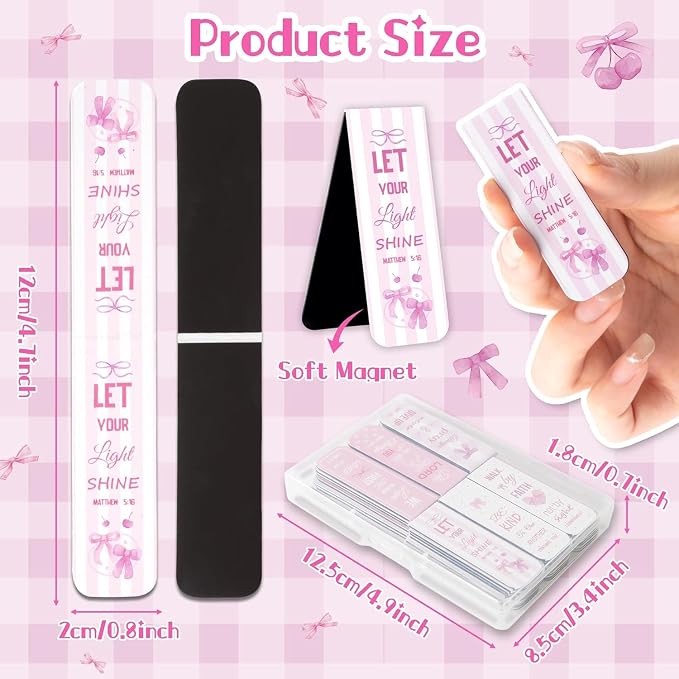 Haooryx Bible Verse Magnetic Bookmarks - 48 Pcs Pink Scripture Verse Inspirational Christian Religious Magnetic Clip Book Marks Motivational Book Page Markers Church Activity Party Favor Reading Lover