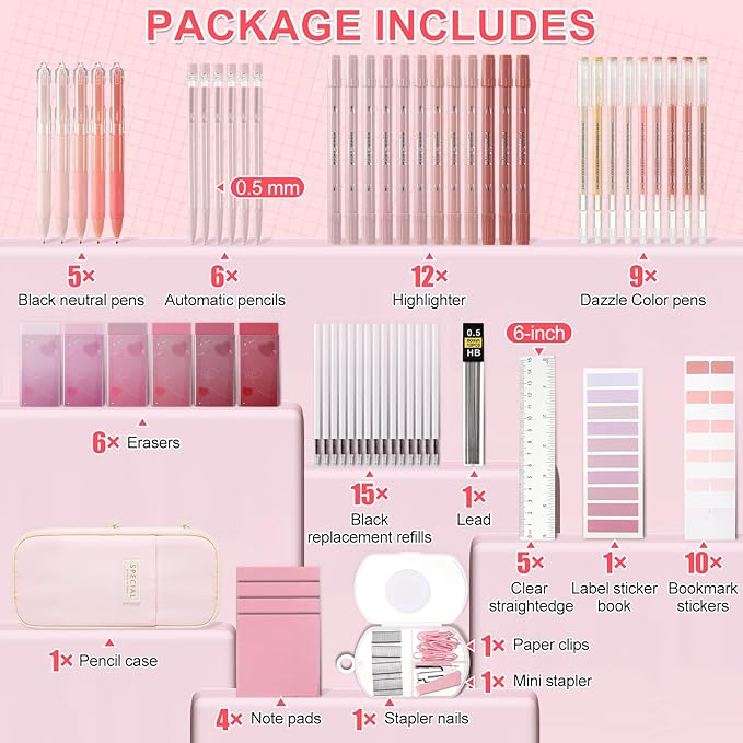 Eersida 74 Pcs Aesthetic School Supplies with Large Pencil Pouch 5 Ink Gel Pens 12 Highlighters 6 Mechanical Pencils 0.5mm 9 Color Pens 4 Note Pads Set for Student Stationary(Pink,Cute Style)