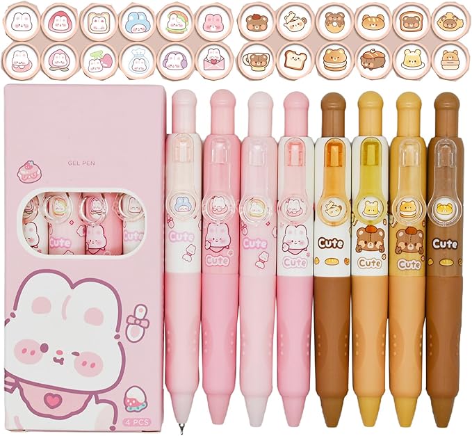 Maydahui 8 Pcs Cute Mini Bunny and Bear Pens Kawaii Rabbit Pen Retractable Short Small Pocket Size Changeable Images Black Ink for Purse Notebook Shcool Office