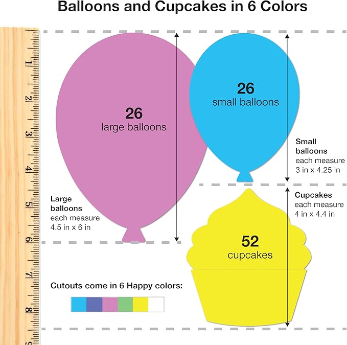 224 Pieces Birthday Party Cutouts in Happy Colors for Crafts and Decorations, Balloons, Cupcakes and Stars for Classroom Projects, Bulletin Boards, DIY Cards, Double Sided USA Made Cardstock