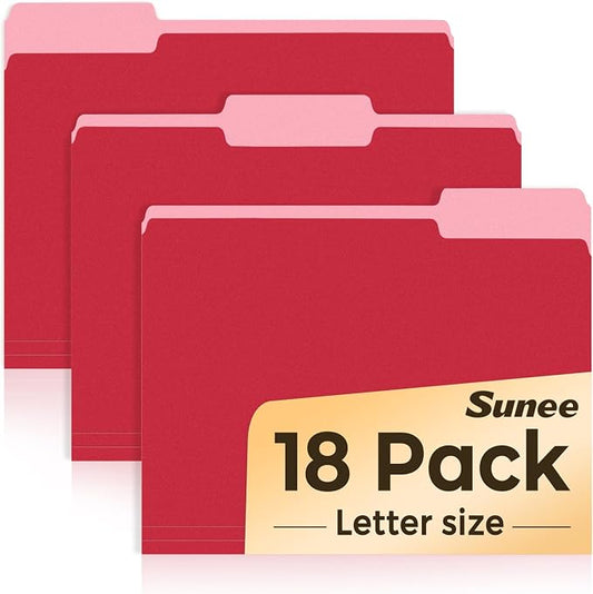 SUNEE File Folders, 18 Pack Manilla Folders 8.5 x 11, Colored File Folders Home Office School Supplies for Documents Files Paper, Red