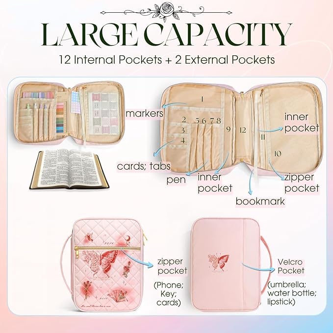 Pink Bible Cover Case: Mothers Day Gifts Large Quilted Bible Bag with Multi Pockets 26 Pcs Study Supplies Journaling Kit, Durable Book Carrying Cases Presents with Butterflies Rose Print