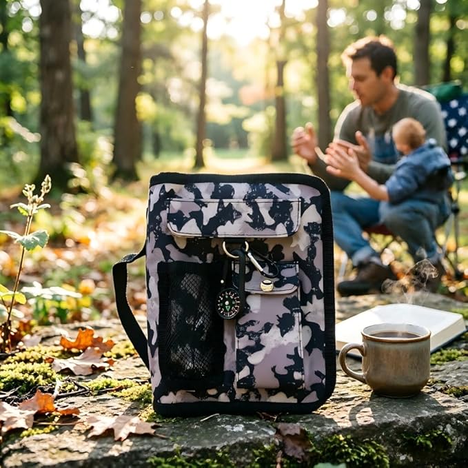 Bible Cover Case for Men Women Grey Camo Medium Book Bible Cover with Durable Handle Quilted Carrying Case Prayer Church Scripture Tote Bible Case Scout Book Cover with Compass Carabiner Camouflage