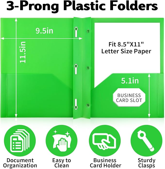 Plastic Folders with Pockets and Prongs (6 Pack,Multi-Colored),Fit Letter Size Paper,Business Card Slot,2-Pocket Folder for School Office or Home,Durable Acid-Free Poly,Back to School Supplies