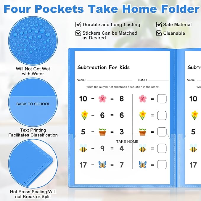 Henoyso 48 Pcs Take Home Folder Heavy Duty 2 Clear Front Pockets and 2 Inside Pockets Homework Folders for School Students Parent Teacher Classroom Communication (Blue)