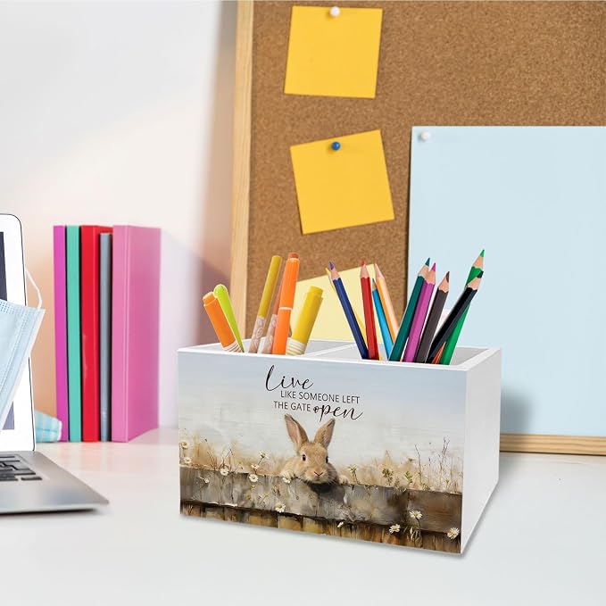 Rustic Daisy Bunny Pen Holder for Desk, Bunny Rabbit Lover Gifts Pencil Organizer, Live Like Someone Left the Gate Open Wooden Box Sign Desk Decor for Home Office Decoration