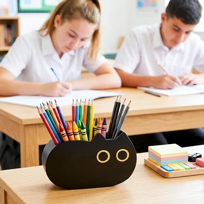 MALLMALL6 Black Cat Pencil Holder - Back to School Wooden Pen Holder, 2 Compartments Kitten Shaped Caddy Case Gifts for Kid Students Pet Lover, Desktop Storage Organizer for Classroom Office Decor