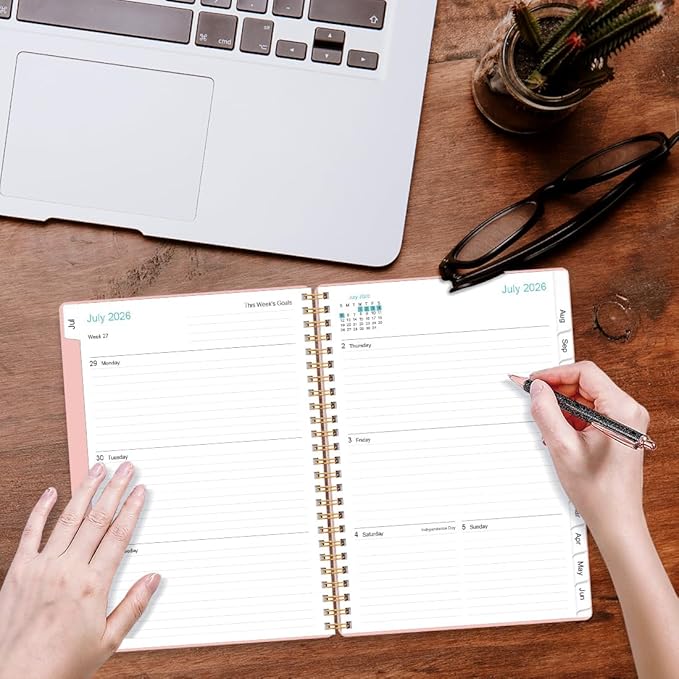 2026-2027 Planner - Planner 2026-2027 from July 2026 - June 2027, Weekly & Monthly Planner Spiral Bound with 12 Monthly Tabs, Inner Pocket, 6.4" x 8.5", Pink-E