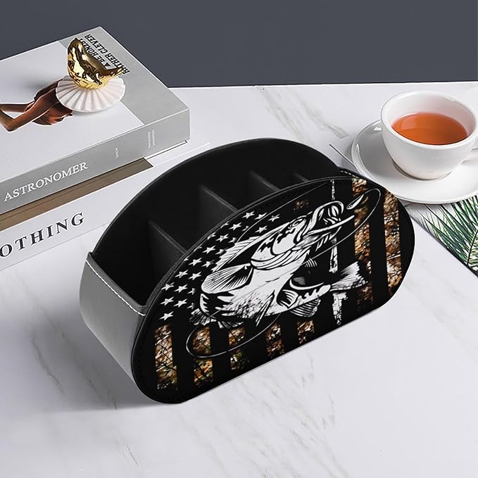 Camo Bass Fishing Remote Control Holder with 5 Compartment PU Leather Multi Functional Desk Storage for TV Remotes Office Supplies