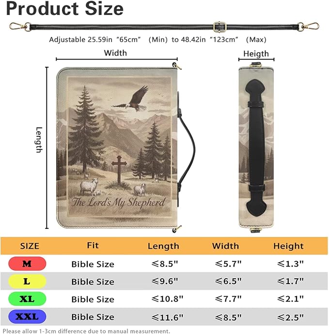 Large PU Leather Bible Cover for Men, Mens Bible Case with Strap and Handle, Crucifix Psalm 23:1 Print Biblia Carrier with Inner Pockets and Pen Loop, Christian Gifts for Men, Sepia