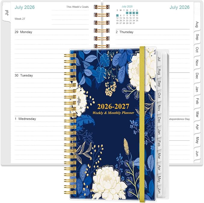 2026-2027 Pocket Planner/Calendar - 2026-2027 Planner from July 2026 - June 2027, Planner 26-27 with 12 Tabs, Twin-Wire Binding, Inner Pocket, 3.75" x 6.75, Blue Leaf Flower