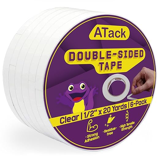 ATack Heavy Duty Double Sided Tape - 1/2 inch x 20 Yards (6-Pack, 360ft Total) Removable Ultra Thin Tape for Gift Wrapping & Scrapbooking