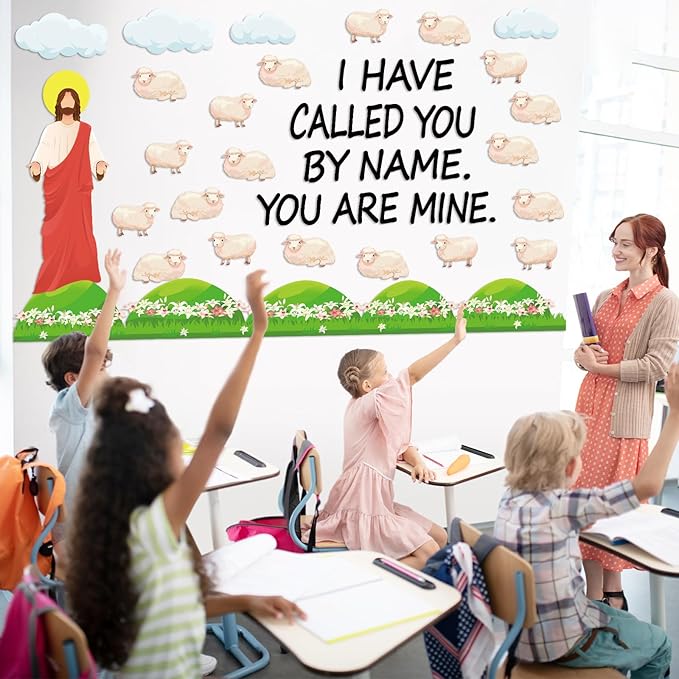 Christian Jesus Bulletin Board Set Religious Classroom Decorations I Have Called You By Name Bulletin Board Sheep Paper Cutouts for Sunday School VBS Home Church Chalkboard Door Wall Decor
