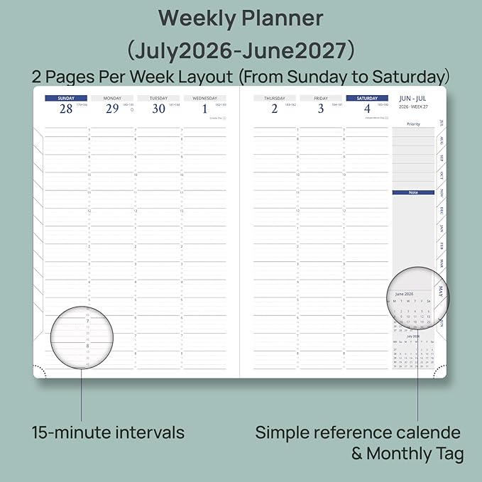POPRUN 2026 Planner - Weekly And Monthly Planner (A4 Size 8.25'' x 11.75''), 15-Minute Hourly Planner & Appointment Book (Jan 2026 - Dec 2027), Monthly Tabs, Inner-pocket - Purple