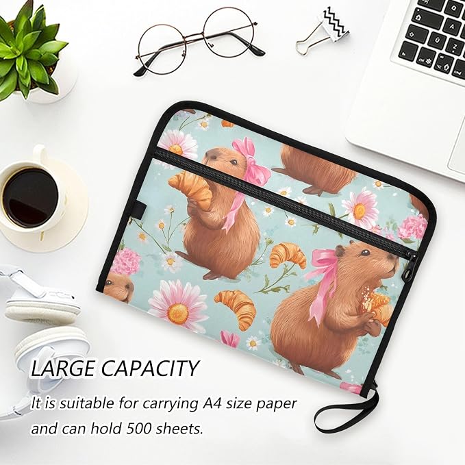 Expanding File Folder Bow Capybara Accordion File Organizer 13 Pockets Document Organizer with Zipper Labels A4 Letter Office Storage