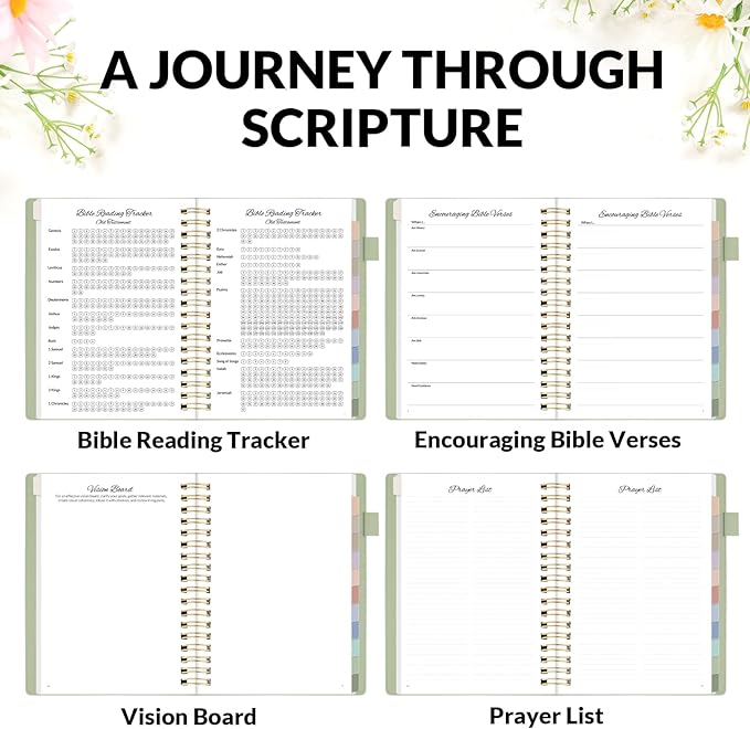 SUNEE Christian Planner - Undated 12 Month Bible Journal and Prayer Planner A5 Spiral Bound, Monthly & Weekly Christian Organizer Gifts for Women Men (Grey Green)