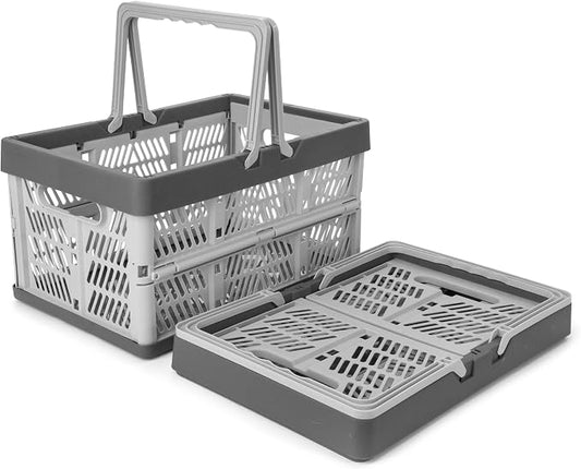 Domiella 2-Pack Foldable Storage Baskets, Collapsible PP Crates with Handles - 20L Capacity, Strong and Portable for Home Organization, Picnic and Shopping, Grey