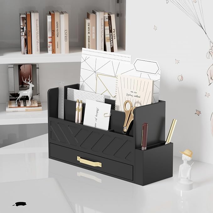 WISUCART Bamboo Desk Organizer Mail Holder Countertop Wood Desk Drawer Tabletop Storage Box Pen Holder Letter Sorter Makeup Organizer for School Home Office Supplies with Pen Holder Black