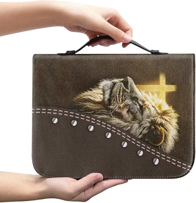 Retro Religious Cross and Lion Bible Case with Bookmark Waterproof Bible Cover Case for Women Lightweight Bible Bag with Handle Pockets Church Book Bag Brown