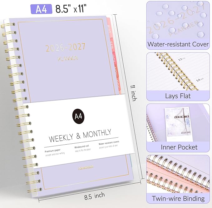 Aug 2026 - Dec 2027 Planner, Forvencer 17 Month Academic Planner 2026-2027, 8.5" x 11", Calendar Planner Weekly and Monthly, Daily Agenda Book, College School Supplies for Student Teacher, A4, Purple
