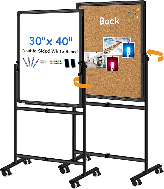 Max-officoo Double Sided Whiteboard & Cork Board on Wheels 30"x40" Adjustable Height & Angle Mobile Magnetic Dry Erase Board with Rolling Stand
