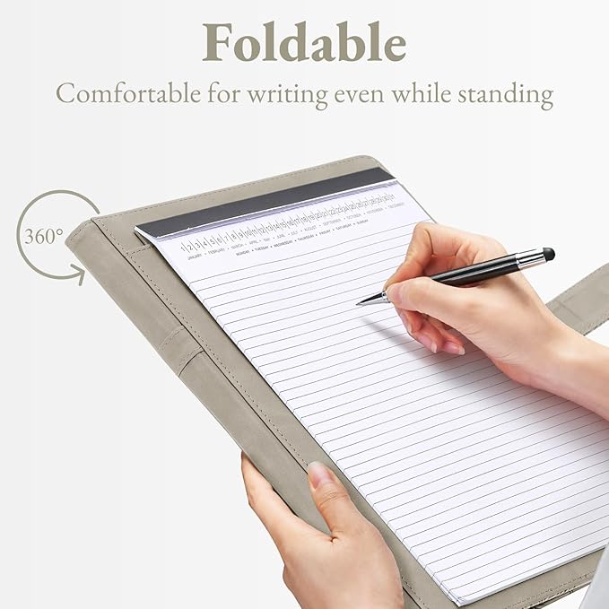 Mymazn Padfolio Portfolio Binder, Faux Leather Interview Resume Folder with Document Organizer & Business Card Holder, Letter-Sized Notepad Legal Pad Holder for Women Men (Grey)