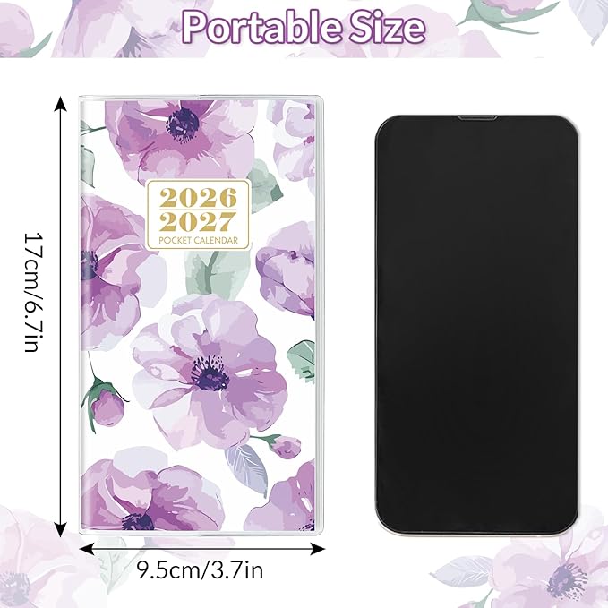 Pocket Calendar 2026-2027, Monthly Purse Planner - 6.7" x 3.7" - Runs from January 2026 Until December 2027, Floral Pocket Calendar with PVC Cover for Planning, Organizing and Office