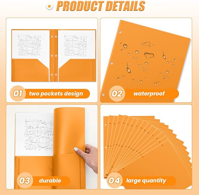 Yeaqee 100 Pcs Plastic Folders with Pockets Bulk 3 Hole Punched 2 Pocket File Folders for 3 Ring Binder Divider Folder for Notebooks, Durable Poly for Office Home (Orange)