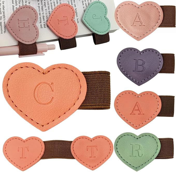 Personalized Magnetic Leather Heart Bookmark with Pen Holder - 26 Letters Custom Book Mark Notebook Pencil Loop with Initial Book Marker for Readers, Book Lovers- Gifts for Women Men(Black & Orange,C)