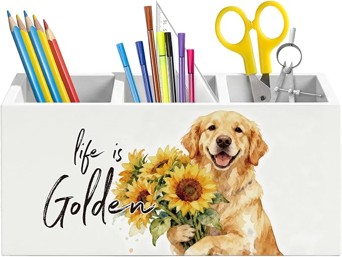 Golden Retriever Gifts Pen Holder for Desk, Golden Retriever Gifts for Women, Sunflower Floral Dog Wooden Box Pencil Pen Organizer for Home Office Desk Tabletop