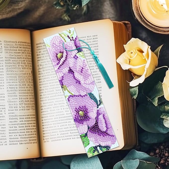 6Pcs Flower Butterfly 5D Diamond Art Bookmarks Sunflower Paeony Roses Floral Diamond DIY Painting Bookmarks Rhinestones Beaded Acrylic Tassel Bookmark for Adult Beginner Crafts