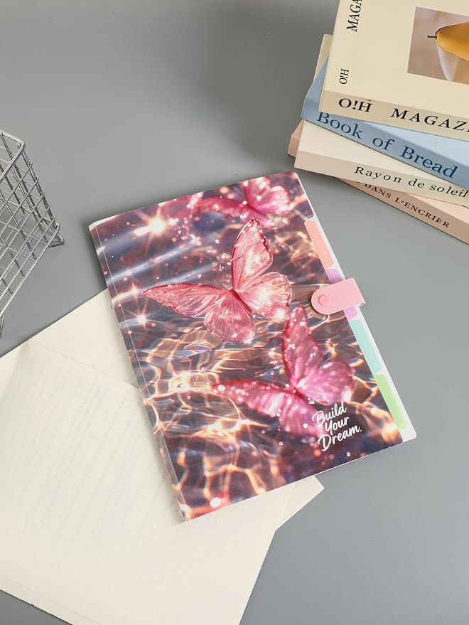 Cute Expanding File Folder - 5 Pockets Accordion Document Organizer, Waterproof Poly Plastic, A4/Letter Size for School Office Home - Butterfly Pink