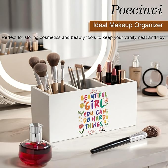 Boho Colorful Floral Inspirational Pen Holder for Home Office Desk, Beautiful Girl You Can Do Hard Things Motivational Wooden Box Sign Pencil Holder for Desk Shelf Organizer