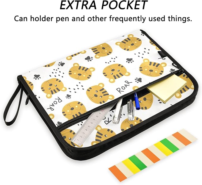 Tiger Head Face File Folders,Plastic Folders with 13 Pockets,Expandable File Folder for Documents School Students Office,Aesthetic Folder with Labels A4 Letter Size