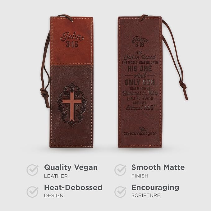 Christian Art Gifts Premium Vegan Faux Leather Scripture Bookmark for Men & Women: Cross - John 3:16 Inspirational Bible Verse, Heat-Debossed, Faith-Based Reading Accessory with Cord, Two-Tone Brown